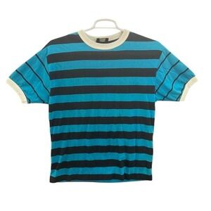 Vintage Exchange Unlimited Striped T Shirt Black Blue Cotton Blend Men's Size M